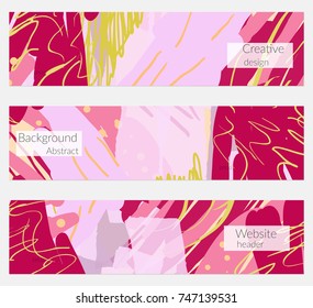 Hand drawn creative universal banner set. Abstract scribbles doodles bright colors. Website header social media advertisement sale brochure templates. Isolated vector banner templates.