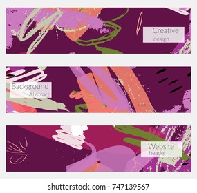 Hand drawn creative universal banner set. Abstract scribbles doodles bright colors. Website header social media advertisement sale brochure templates. Isolated vector banner templates.