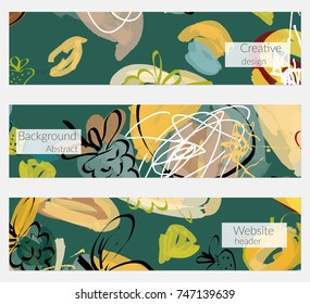 Hand drawn creative universal banner set. Abstract scribbles doodles bright colors. Website header social media advertisement sale brochure templates. Isolated vector banner templates.