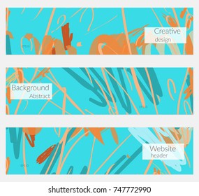 Hand drawn creative universal banner set. Abstract scribbles doodles bright colors. Website header social media advertisement sale brochure templates. Isolated vector banner templates.