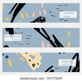Hand drawn creative universal banner set. Abstract scribbles doodles bright colors. Website header social media advertisement sale brochure templates. Isolated vector banner templates.
