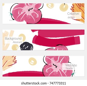 Hand drawn creative universal banner set. Abstract scribbles doodles bright colors. Website header social media advertisement sale brochure templates. Isolated vector banner templates.