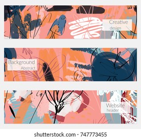 Hand drawn creative universal banner set. Abstract scribbles doodles bright colors. Website header social media advertisement sale brochure templates. Isolated vector banner templates.
