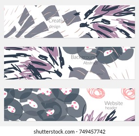 Hand drawn creative universal banner set. Abstract scribbles doodles bright colors. Website header social media advertisement sale brochure templates. Isolated vector banner templates.