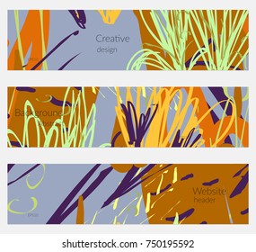 Hand drawn creative universal banner set. Abstract scribbles doodles bright colors. Website header social media advertisement sale brochure templates. Isolated vector banner templates.