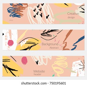 Hand drawn creative universal banner set. Abstract scribbles doodles bright colors. Website header social media advertisement sale brochure templates. Isolated vector banner templates.