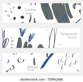 Hand drawn creative universal banner set. Abstract scribbles doodles bright colors. Website header social media advertisement sale brochure templates. Isolated vector banner templates.
