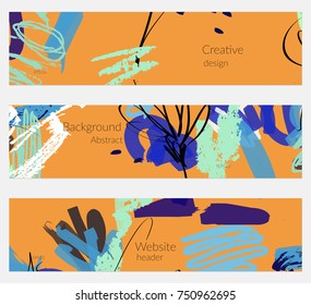 Hand drawn creative universal banner set. Abstract scribbles doodles bright colors. Website header social media advertisement sale brochure templates. Isolated vector banner templates.