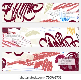 Hand drawn creative universal banner set. Abstract scribbles doodles bright colors. Website header social media advertisement sale brochure templates. Isolated vector banner templates.
