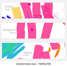 Hand drawn creative universal banner set. Abstract scribbles doodles bright colors. Website header social media advertisement sale brochure templates. Isolated vector banner templates.