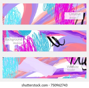 Hand drawn creative universal banner set. Abstract scribbles doodles bright colors. Website header social media advertisement sale brochure templates. Isolated vector banner templates.