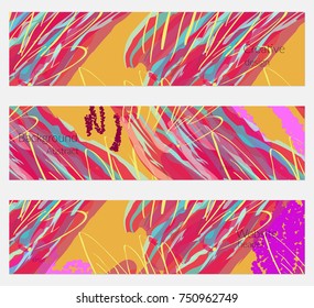 Hand drawn creative universal banner set. Abstract scribbles doodles bright colors. Website header social media advertisement sale brochure templates. Isolated vector banner templates.