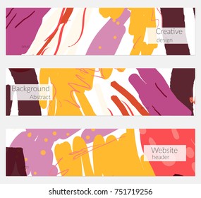 Hand drawn creative universal banner set. Abstract scribbles doodles bright colors. Website header social media advertisement sale brochure templates. Isolated vector banner templates.