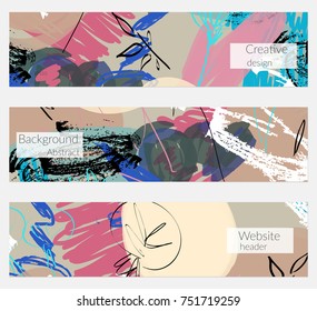 Hand drawn creative universal banner set. Abstract scribbles doodles bright colors. Website header social media advertisement sale brochure templates. Isolated vector banner templates.