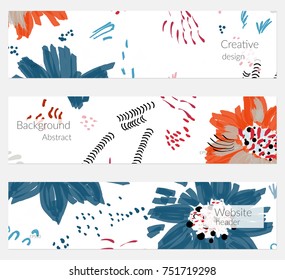 Hand drawn creative universal banner set. Abstract scribbles doodles bright colors. Website header social media advertisement sale brochure templates. Isolated vector banner templates.