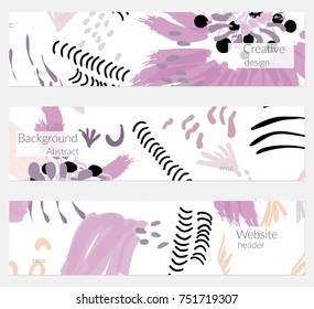 Hand drawn creative universal banner set. Abstract scribbles doodles bright colors. Website header social media advertisement sale brochure templates. Isolated vector banner templates.
