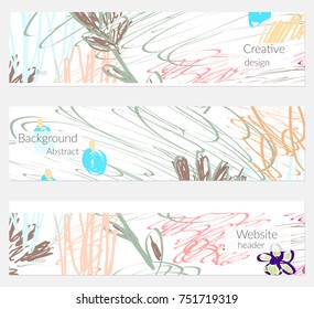 Hand drawn creative universal banner set. Abstract scribbles doodles bright colors. Website header social media advertisement sale brochure templates. Isolated vector banner templates.