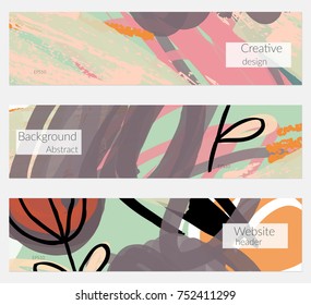 Hand drawn creative universal banner set. Abstract scribbles doodles bright colors. Website header social media advertisement sale brochure templates. Isolated vector banner templates.