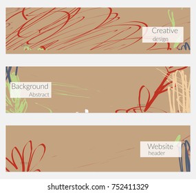 Hand drawn creative universal banner set. Abstract scribbles doodles bright colors. Website header social media advertisement sale brochure templates. Isolated vector banner templates.
