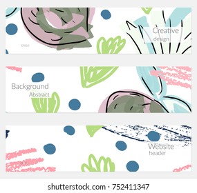 Hand drawn creative universal banner set. Abstract scribbles doodles bright colors. Website header social media advertisement sale brochure templates. Isolated vector banner templates.