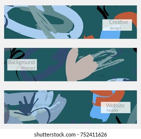 Hand drawn creative universal banner set. Abstract scribbles doodles bright colors. Website header social media advertisement sale brochure templates. Isolated vector banner templates.