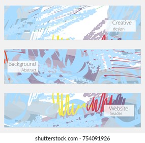 Hand drawn creative universal banner set. Abstract scribbles doodles bright colors. Website header social media advertisement sale brochure templates. Isolated vector banner templates.