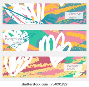 Hand drawn creative universal banner set. Abstract scribbles doodles bright colors. Website header social media advertisement sale brochure templates. Isolated vector banner templates.
