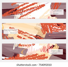 Hand drawn creative universal banner set. Abstract scribbles doodles bright colors. Website header social media advertisement sale brochure templates. Isolated vector banner templates.
