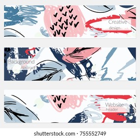 Hand drawn creative universal banner set. Abstract scribbles doodles bright colors. Website header social media advertisement sale brochure templates. Isolated vector banner templates.