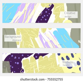 Hand drawn creative universal banner set. Abstract scribbles doodles bright colors. Website header social media advertisement sale brochure templates. Isolated vector banner templates.