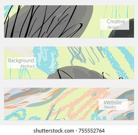 Hand drawn creative universal banner set. Abstract scribbles doodles bright colors. Website header social media advertisement sale brochure templates. Isolated vector banner templates.