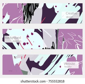 Hand drawn creative universal banner set. Abstract scribbles doodles bright colors. Website header social media advertisement sale brochure templates. Isolated vector banner templates.