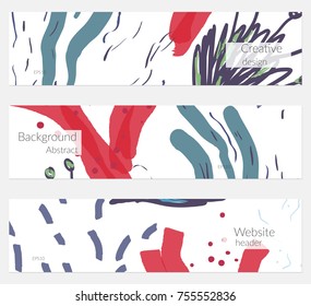 Hand drawn creative universal banner set. Abstract scribbles doodles bright colors. Website header social media advertisement sale brochure templates. Isolated vector banner templates.