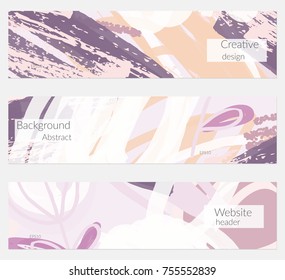 Hand drawn creative universal banner set. Abstract scribbles doodles bright colors. Website header social media advertisement sale brochure templates. Isolated vector banner templates.