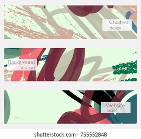 Hand drawn creative universal banner set. Abstract scribbles doodles bright colors. Website header social media advertisement sale brochure templates. Isolated vector banner templates.