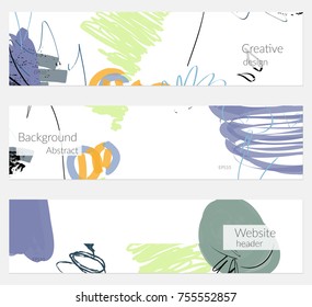Hand drawn creative universal banner set. Abstract scribbles doodles bright colors. Website header social media advertisement sale brochure templates. Isolated vector banner templates.