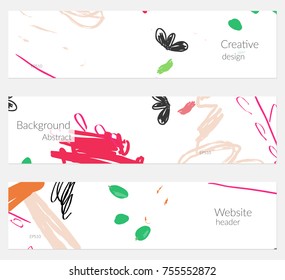 Hand drawn creative universal banner set. Abstract scribbles doodles bright colors. Website header social media advertisement sale brochure templates. Isolated vector banner templates.