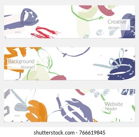 Hand drawn creative universal banner set. Abstract scribbles doodles bright colors. Website header social media advertisement sale brochure templates. Isolated vector banner templates.