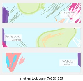 Hand drawn creative universal banner set. Abstract scribbles doodles bright colors. Website header social media advertisement sale brochure templates. Isolated vector banner templates.