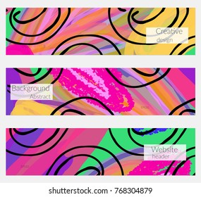 Hand drawn creative universal banner set. Abstract scribbles doodles bright colors. Website header social media advertisement sale brochure templates. Isolated vector banner templates.