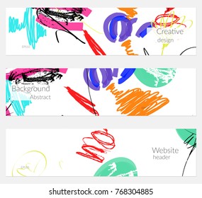 Hand drawn creative universal banner set. Abstract scribbles doodles bright colors. Website header social media advertisement sale brochure templates. Isolated vector banner templates.