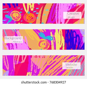 Hand drawn creative universal banner set. Abstract scribbles doodles bright colors. Website header social media advertisement sale brochure templates. Isolated vector banner templates.