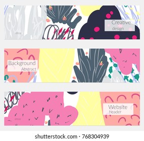 Hand drawn creative universal banner set. Abstract scribbles doodles bright colors. Website header social media advertisement sale brochure templates. Isolated vector banner templates.