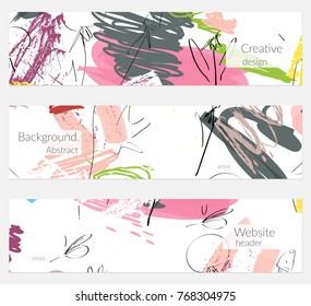 Hand drawn creative universal banner set. Abstract scribbles doodles bright colors. Website header social media advertisement sale brochure templates. Isolated vector banner templates.