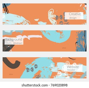 Hand drawn creative universal banner set. Abstract scribbles doodles bright colors. Website header social media advertisement sale brochure templates. Isolated vector banner templates.