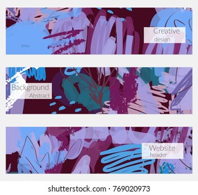 Hand drawn creative universal banner set. Abstract scribbles doodles bright colors. Website header social media advertisement sale brochure templates. Isolated vector banner templates.