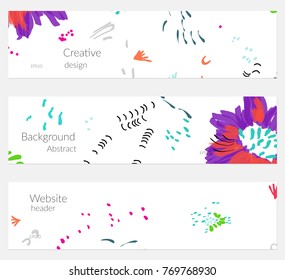Hand drawn creative universal banner set. Abstract scribbles doodles bright colors. Website header social media advertisement sale brochure templates. Isolated vector banner templates.