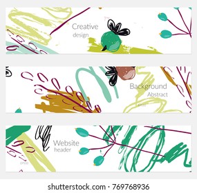 Hand drawn creative universal banner set. Abstract scribbles doodles bright colors. Website header social media advertisement sale brochure templates. Isolated vector banner templates.