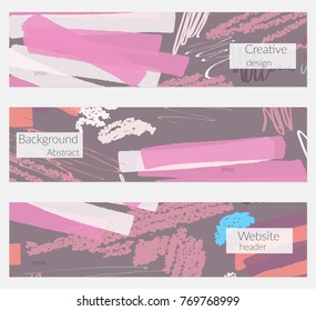Hand drawn creative universal banner set. Abstract scribbles doodles bright colors. Website header social media advertisement sale brochure templates. Isolated vector banner templates.