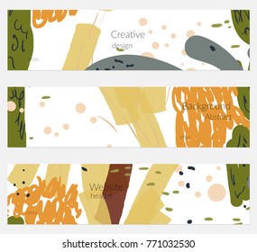 Hand drawn creative universal banner set. Abstract scribbles doodles bright colors. Website header social media advertisement sale brochure templates. Isolated vector banner templates.